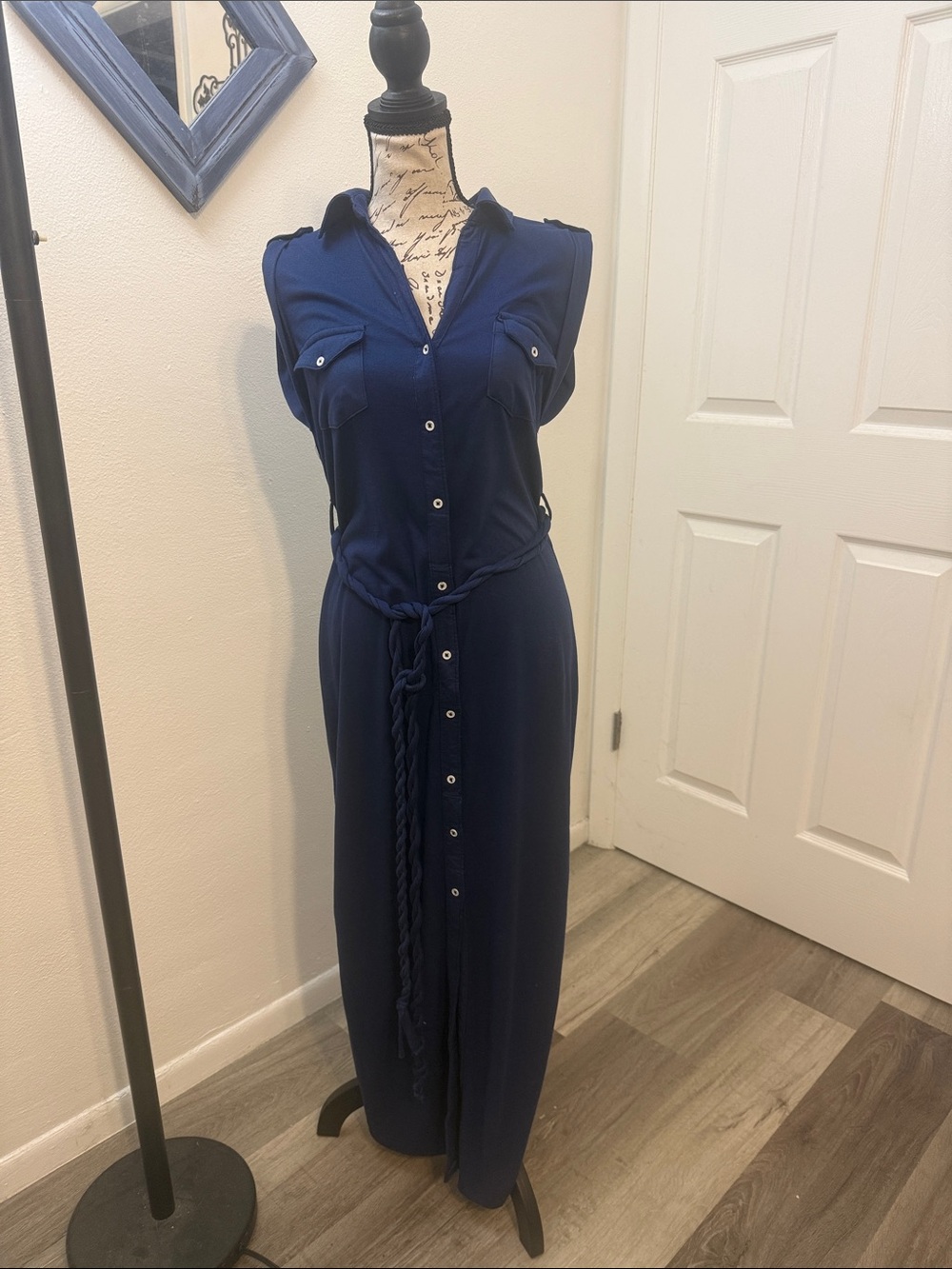 Love Navy Button-Front Maxi Shirt Dress with Braided Tie